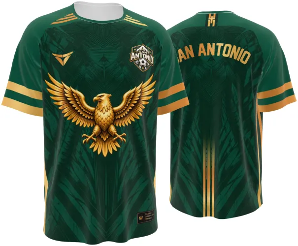 Camisa San Antonio verde e dourada, com águia dourada no peito, vista de frente e costas
