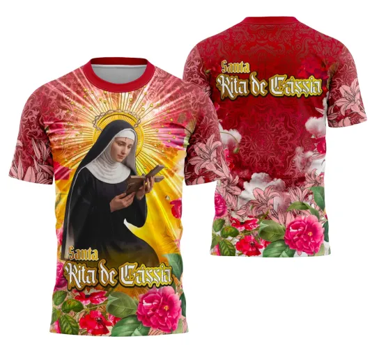 Foto de camisa destacando a imagem de Santa Rita de Cássia em estilo devocional, perfeita para quem aprecia fé e tradição católica.