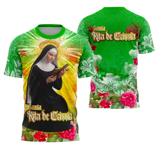 Camisa mostrando a imagem de Santa Rita de Cássia e estampa grande com detalhes religiosos em estilo clássico, ideal para quem busca devoção e fé na vestimenta.