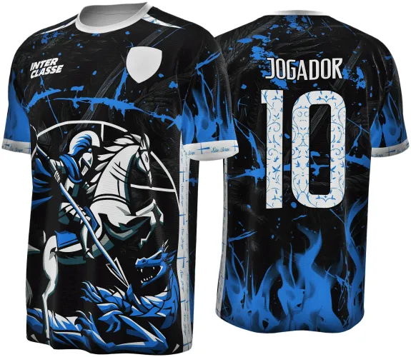 Camisa preta e azul com São Jorge montado em cavalo branco enfrentando dragão azul na frente, fundo com respingos azuis, logo INTER CLASSE e escudo branco. Costas exibem número 10 decorado e a palavra JOGADOR, além de chamas azuis.