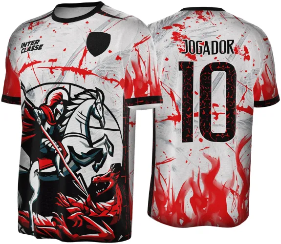 Camisa branca com detalhes vermelhos exibe São Jorge montado em cavalo branco combatendo dragão vermelho na frente, com o texto INTER CLASSE e escudo preto. Nas costas, o número 10 com padrão vermelho e a palavra JOGADOR acima em preto.