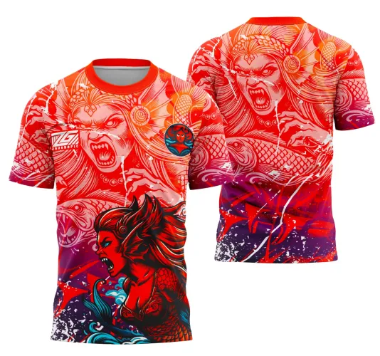 Camisa com arte frontal de sereia vermelha feroz com cabelos longos e ondas azuis, fundo em degradê vermelho, laranja e roxo. Costas mostram rosto expressivo da sereia com tiara e detalhes de escamas, efeito de manchas brancas e vermelho vibrante.