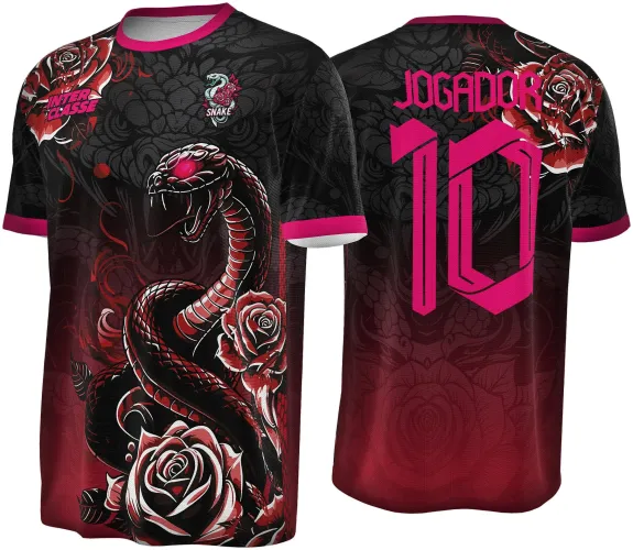 Camisa preta com gola e punhos rosa, frente com serpente vermelha e preta rodeada de rosas, texto INTER CLASSE no ombro; costas exibem texto JOGADOR e número 10 em rosa, fundo com padrão de escamas e rosas.
