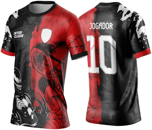 Camisa com arte de Spider-Man em vermelho e preto na frente, Venom em preto e branco na barra inferior, com texto INTER CLASSE; nas costas número 10 e JOGADOR em branco sob fundo preto com faixa vermelha.