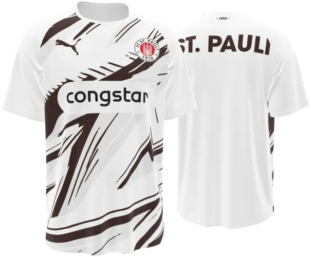 Camisa visitante do St. Pauli 2026 - 2027 branca com pinceladas marrons, frente e costas