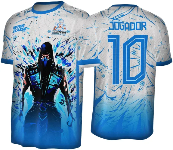 Camisa branca com degradê azul na barra, frente com mascote Sub-Zero em pose forte com efeitos de gelo, texto INTERCLASSE e logo SUBZERO, costas com nome JOGADOR e número 10 em azul, detalhes gráficos e flocos de neve azuis no fundo.