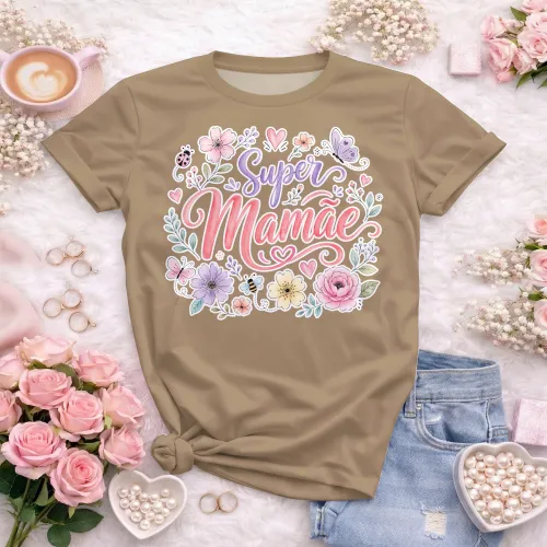 Arte camisa super mamãe com estilo delicado e floral
