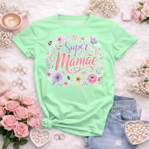 Arte camisa super mamãe com flores delicadas