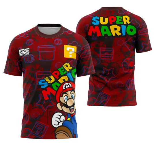 Camisa vermelha com arte do Super Mario na frente com grande imagem do Mario, blocos e moedas estilizadas em azul e vermelho, e o texto colorido SUPER MARIO na frente e grande nas costas.