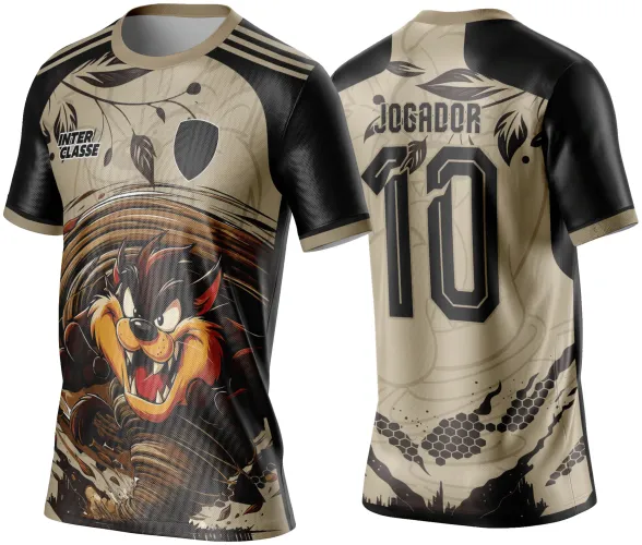 Camisa com arte do personagem Taz no centro da frente dentro de um tornado marrom, mangas pretas, detalhes em bege e texto INTER CLASSE. Nas costas, número 10 e texto JOGADOR com fundo bege e detalhes gráficos pretos.