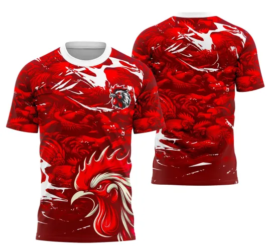 Camisa vermelha com colarinho branco, frente destacando grande rosto de galo em vermelho e branco, e fundo com galos em tons vermelhos; costas também em vermelho com múltiplos galos em degradê vermelho e branco.
