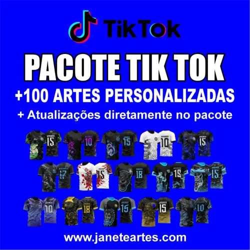 Camisa com base azul royal, logo TikTok grande no peito e texto branco 'PACOTE TIK TOK' com detalhes adicionais, exibindo diversidade de modelos coloridos em miniaturas abaixo.