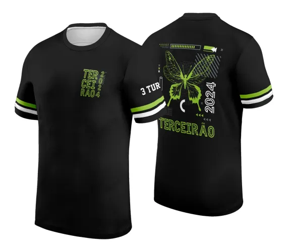 Camisa preta com detalhes verdes e brancos nas mangas, frente com texto estilizado TERCEIRÃO 2024 em verde neon, costas com grande borboleta verde neon e textos TERCEIRÃO e 2024 ao redor de grafismos geométricos.