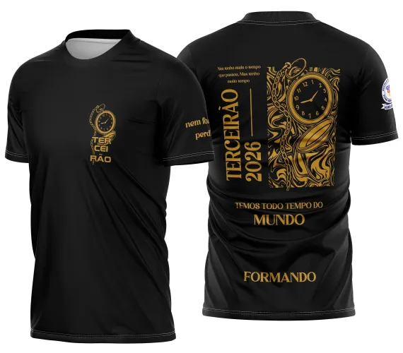 Arte camisa terceirão com relógio derretendo representando o tempo passando, design criativo ideal para formatura escolar