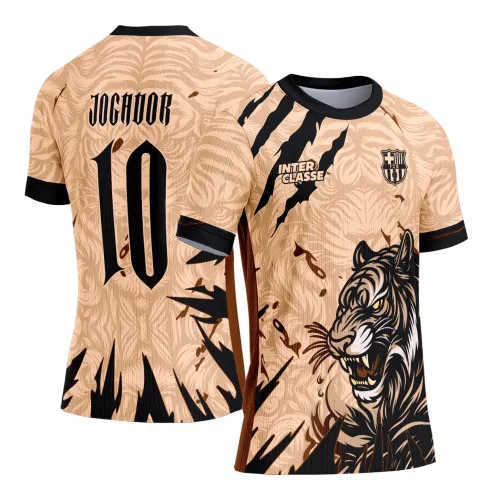 Camisa bege com estampa frontal de tigre preto e marrom, com texto INTER CLASSE e escudo. Nas costas, nome JOGADOR e número 10 em preto sobre fundo bege com detalhes em preto.
