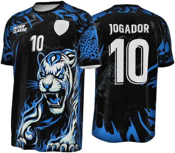 Camisa preta com detalhes em azul e tigre branco feroz na frente, exibindo o número 10 e texto INTER CLASSE; nas costas, nome JOGADOR e número 10 em branco, fundo com sombras de tigre em azul e preto.