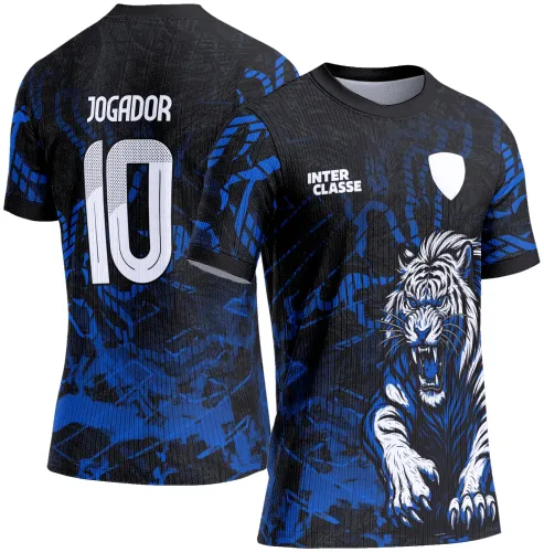 Camisa preta com degradê azul e tigre branco ameaçador na frente, com texto INTER CLASSE e escudo branco; nas costas, JOGADOR e número 10 em branco sobre fundo preto com detalhes azuis.