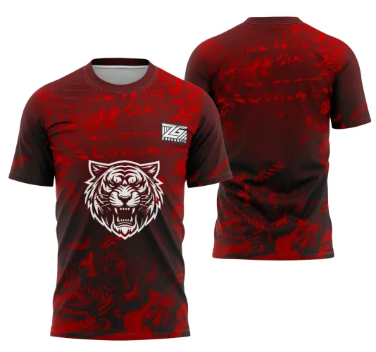 Camisa com estampa de tigre branco feroz na frente sobre fundo em degradê vermelho e preto com chamas vermelhas e logo ZG no peito direito. Costas exibem tigres desenhados em tons vermelhos flamejantes sem textos adicionais.