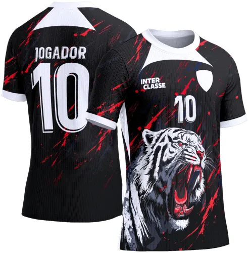 Camisa preta com detalhes vermelhos e brancos, frente com tigre branco rugindo e número 10, textos INTER CLASSE e escudo; costas pretas com texto JOGADOR e número 10 em branco.