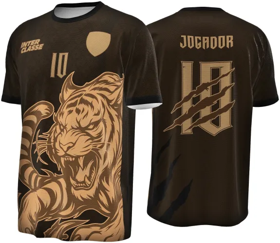 Camisa marrom escuro com gola e punhos pretos. Frente com grande tigre bege em pose agressiva, texto INTER CLASSE, número 10 e escudo bege. Costas com nome JOGADOR, número 10 com três garras cortando-o em bege.