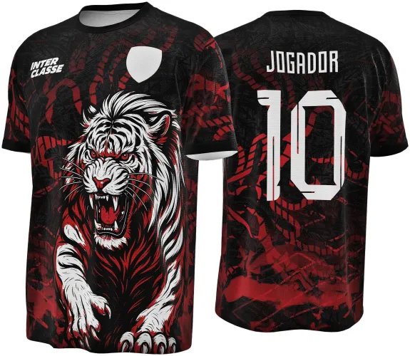 Camisa preta e vermelha com figura feroz de tigre branco na frente e texto INTER CLASSE junto a um escudo branco; costas exibem número 10 e nome JOGADOR em branco sobre fundo com detalhes vermelhos.