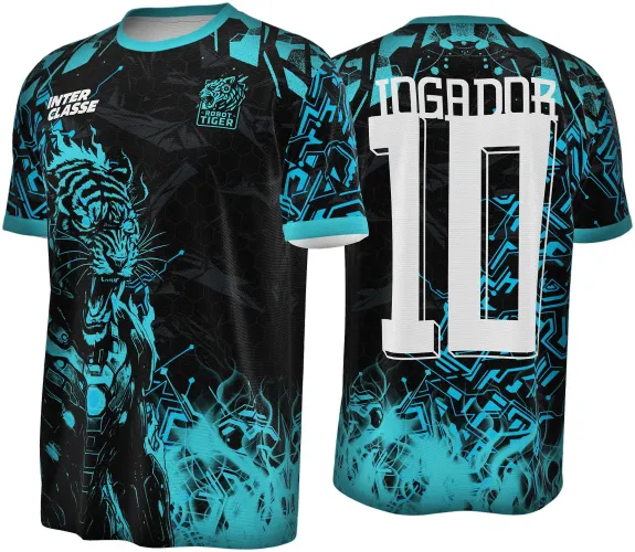 Camisa preta com estampa de tigre robô em verde água na frente, textos INTER CLASSE e ROBOT TIGER no peito, mangas com padrão tecnológico em verde água e costas com número 10 e palavra JOGADOR em branco.