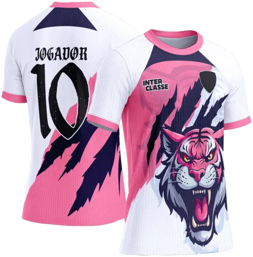 Camisa branca com gola e punhos rosa, na frente destaca um tigre rosa feroz com garras negras, texto INTER CLASSE. Nas costas em branco, número 10 grande e texto JOGADOR.