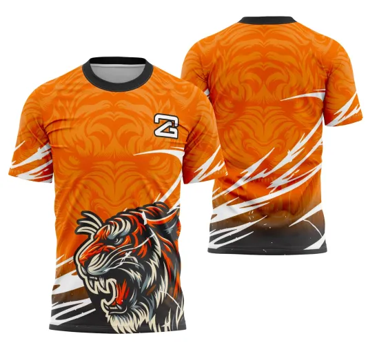Camisa com estampa frontal de tigre feroz em laranja, preto e branco, fundo laranja com padrão abstrato, detalhes brancos e número 2 no peito; costas com fundo laranja degradê para preto com detalhes brancos.