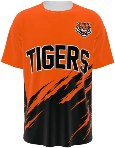 Camisa esportiva laranja e preta dos Tigres, com escudo de tigre e nome do time