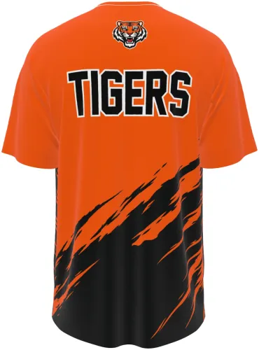 Camisa esportiva laranja e preta dos Tigres, com escudo de tigre e nome do time