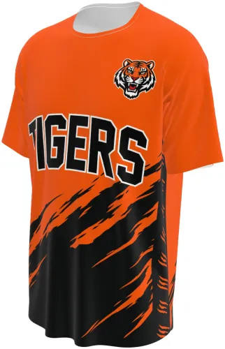 Camisa esportiva laranja e preta dos Tigres, com escudo de tigre e nome do time