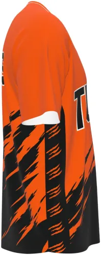 Camisa esportiva laranja e preta dos Tigres, com escudo de tigre e nome do time