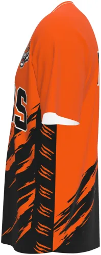 Camisa esportiva laranja e preta dos Tigres, com escudo de tigre e nome do time