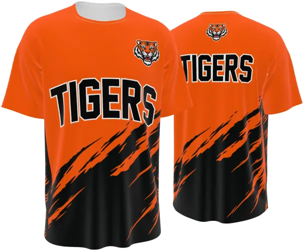 Camisa esportiva laranja e preta dos Tigres, com escudo de tigre e nome do time