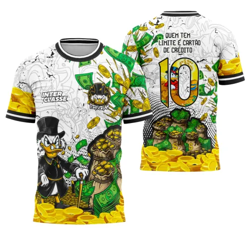 Camisa branca com estampa de Tio Patinhas cercado por moedas douradas e notas verdes na frente e costas. Na frente texto INTER CLASSE e o escudo TERCEIRÃO. Nas costas número 10 com Tio Patinhas e a frase QUEM TEM LIMITE É CARTÃO DE CRÉDITO.