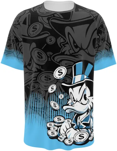 Camisa de interclasse Tio Patinhas 2026 preta com moedas e degradê azul, frente e costas