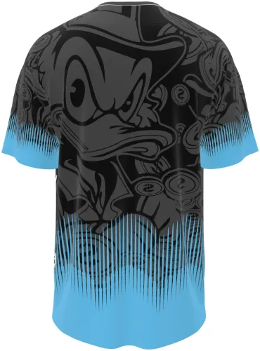 Camisa de interclasse Tio Patinhas 2026 preta com moedas e degradê azul, frente e costas