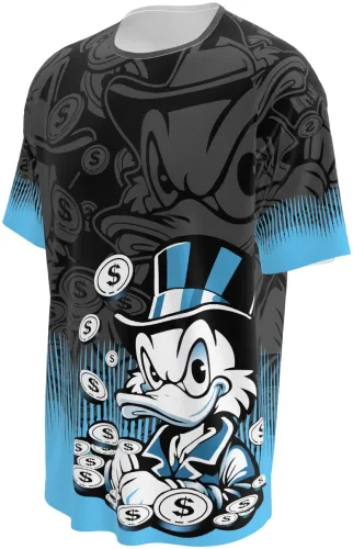 Camisa de interclasse Tio Patinhas 2026 preta com moedas e degradê azul, frente e costas