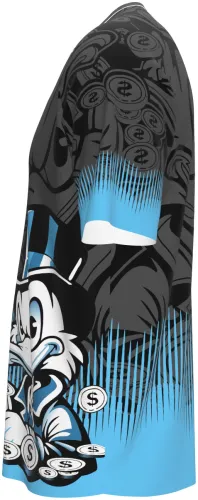 Camisa de interclasse Tio Patinhas 2026 preta com moedas e degradê azul, frente e costas