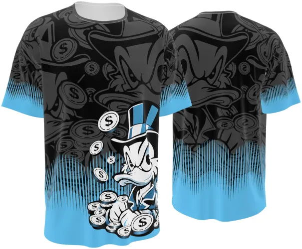 Camisa de interclasse Tio Patinhas 2026 preta com moedas e degradê azul, frente e costas