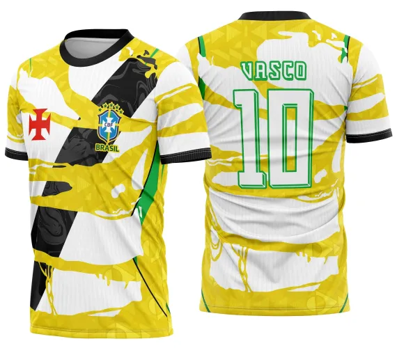Camisa com logo no peito e estampa grande nas costas, em preto e branco, estilo copa Brasil, design moderno e impactante que destaca a paixão pelo futebol em um visual único e autêntico.
