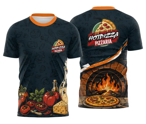Camisa azul petróleo com logo no peito e estampa grande nas costas mostrando forno e ingredientes de pizzaria em estilo profissional e vibrante