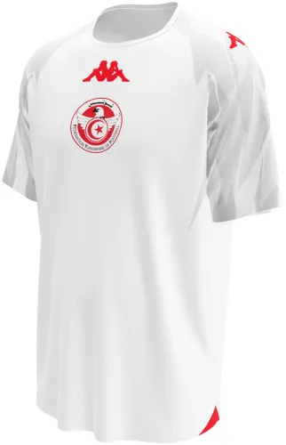 Camisa titular da Tunísia 2026 branca com cunhas cinza nos ombros, frente e costas