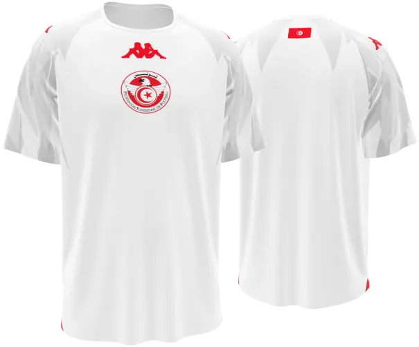 Camisa titular da Tunísia 2026 branca com cunhas cinza nos ombros, frente e costas