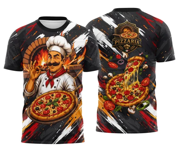 Camisa com logo no peito mostrando bigode estilizado e estampa grande nas costas com desenho de forno a lenha em tom vermelho vibrante, ideal para identificação em pizzarias.