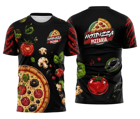 Camisa preta com logo no peito discreto e estampa grande nas costas que destaca tomate, manjericão e cogumelo em estilo gourmet, perfeita para uniformes de pizzaria com toque artesanal e moderno.