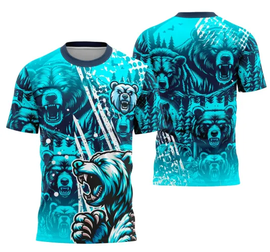 Camisa com figura frontal de urso branco e azul rugindo, fundo azul com vários ursos em posição agressiva e detalhes de floresta; nas costas repetição dos ursos com árvores e destaque para palavras JOGADOR, INTER CLASSE e TERCEIRÃO em branco. Colarinho azul escuro.