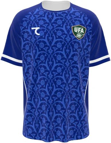 Camisa conceito do Uzbequistão 2026 azul com arabescos tom sobre tom, frente e costas