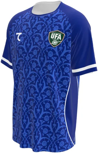 Camisa conceito do Uzbequistão 2026 azul com arabescos tom sobre tom, frente e costas