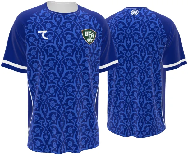 Camisa conceito do Uzbequistão 2026 azul com arabescos tom sobre tom, frente e costas